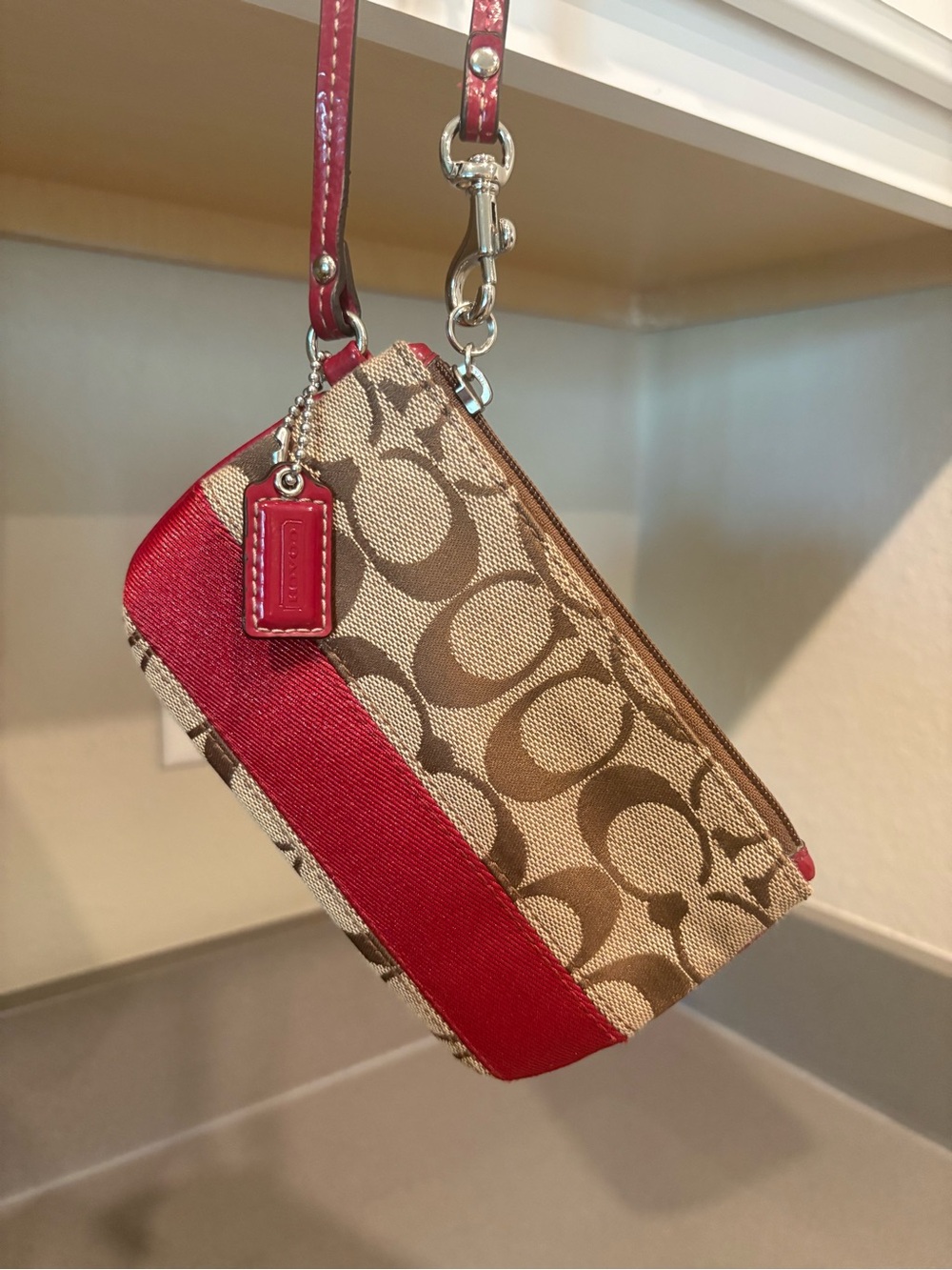 Coach Khaki Signature Canvas Wristlet with Red Trim